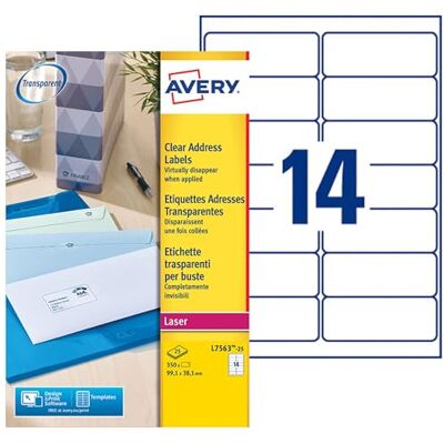 Avery 350 Etiquettes Autocollantes (14 par feuille) 99,1x38,1mm Impression laser Transparent L7563 - Publicité Avery 350 Etiquettes Autocollantes (14 par feuille) 99,1x38,1mm Impression laser Transparent L7563 - Publicité
