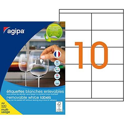 Agipa 101624 Lot de 1000 Etiquettes multi usage enlevable coins droits 105 x 57 mm Blanc - Publicité Agipa 101624 Lot de 1000 Etiquettes multi usage enlevable coins droits 105 x 57 mm Blanc - Publicité
