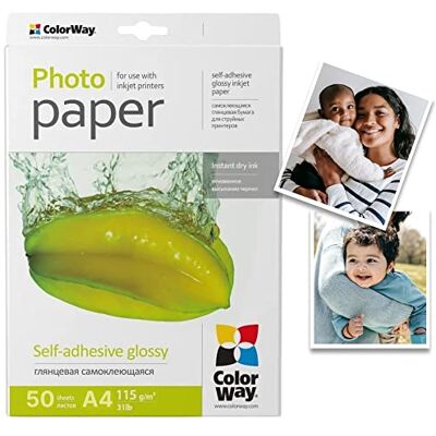 COLORWAY papier photo brillant autocollant 50 feuilles DIN A4 115g/m² étiquettes Instantanément sec Résistant à l'eau pour toutes les imprimantes à jet d'encre InkJet qualité photo Impression - Publicité COLORWAY papier photo brillant autocollant 50 feuilles DIN A4 115g/m² étiquettes Instantanément sec Résistant à l'eau pour toutes les imprimantes à jet d'encre InkJet qualité photo Impression - Publicité