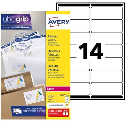 Avery Étiquettes Autocollantes Blanches, 3500 Pièces,L7163-250, 99,1 x 38,1 mm, Papier A4, Feuille A4, Pour Imprimantes Laser, Anti-Bourrage, FSC Certifiées, Pour adressage et expédition - Publicité Avery Étiquettes Autocollantes Blanches, 3500 Pièces,L7163-250, 99,1 x 38,1 mm, Papier A4, Feuille A4, Pour Imprimantes Laser, Anti-Bourrage, FSC Certifiées, Pour adressage et expédition - Publicité