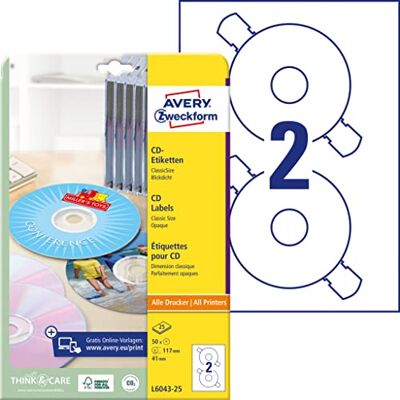 Avery L6043-25 Paquet de 25 feuilles d'étiquettes à CD 117 mm (Mat) (Import Allemagne) - Publicité Avery L6043-25 Paquet de 25 feuilles d'étiquettes à CD 117 mm (Mat) (Import Allemagne) - Publicité