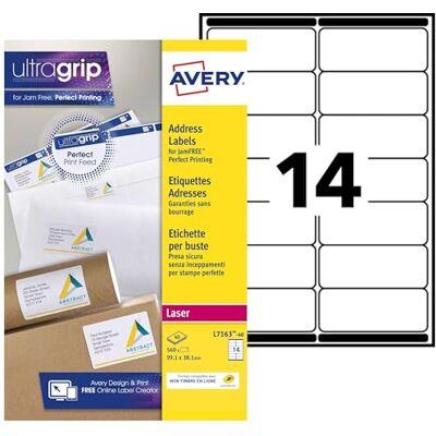 Avery 560 étiquettes adresses blanches 99,1 x 38,1 mm Laser (L7163-40) - Publicité Avery 560 étiquettes adresses blanches 99,1 x 38,1 mm Laser (L7163-40) - Publicité