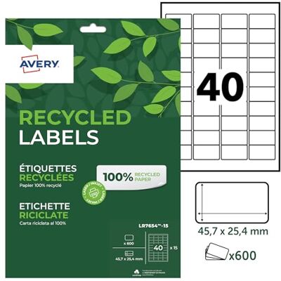 Avery 600 Étiquettes Autocollantes Blanches Personnalisables 100% Recyclées Format 45,7 x 25,4 mm Impression Laser et Jet d'Encre - Publicité Avery 600 Étiquettes Autocollantes Blanches Personnalisables 100% Recyclées Format 45,7 x 25,4 mm Impression Laser et Jet d'Encre - Publicité