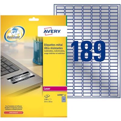 Avery 3780 Étiquettes Ultra-Resistantes Couleur Métal Polyester Personnalisables Format 25, 4 x 10 mm Impression Laser - Publicité Avery 3780 Étiquettes Ultra-Resistantes Couleur Métal Polyester Personnalisables Format 25, 4 x 10 mm Impression Laser - Publicité