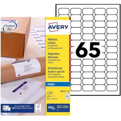 Avery Mini Étiquettes Blanches 38,1 x 21,2 mm Jet d'Encre (J8651-100) Pack de 6500 - Publicité Avery Mini Étiquettes Blanches 38,1 x 21,2 mm Jet d'Encre (J8651-100) Pack de 6500 - Publicité
