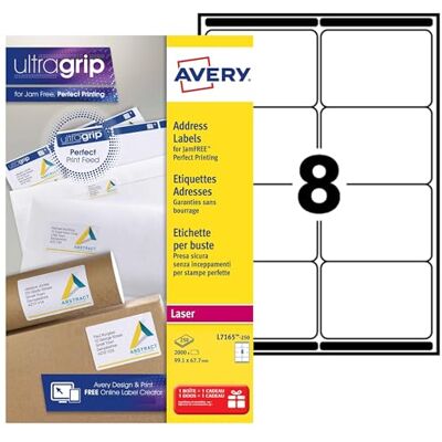 Avery Étiquettes Autocollantes Blanches, 2000 Pièces,L7165-250,99,1 x 67,7 mm, Papier A4, Feuille A4, Pour Imprimantes Laser, Anti-Bourrage, FSC Certifiées, Pour adressage et expédition - Publicité Avery Étiquettes Autocollantes Blanches, 2000 Pièces,L7165-250,99,1 x 67,7 mm, Papier A4, Feuille A4, Pour Imprimantes Laser, Anti-Bourrage, FSC Certifiées, Pour adressage et expédition - Publicité