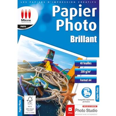 Micro Application Papier Photo Finition Brillante Format A4 Pack Économique Grammage 200 g/m² Compatible pour impressions jet d'encre 40 Feuilles - Publicité Micro Application Papier Photo Finition Brillante Format A4 Pack Économique Grammage 200 g/m² Compatible pour impressions jet d'encre 40 Feuilles - Publicité
