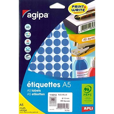 Agipa Lot de 5 Etuis A5 (10F) de 960 Pastilles Gommettes Rondes 15 mm Bleu - Publicité Agipa Lot de 5 Etuis A5 (10F) de 960 Pastilles Gommettes Rondes 15 mm Bleu - Publicité