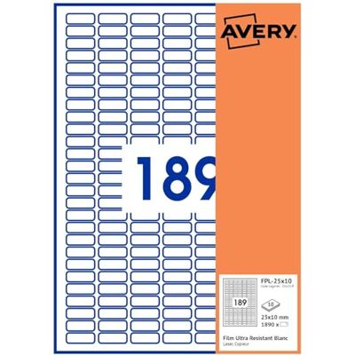 Avery 1890 étiquettes plastique blanches 25x10 Rectangulaires - Publicité Avery 1890 étiquettes plastique blanches 25x10 Rectangulaires - Publicité