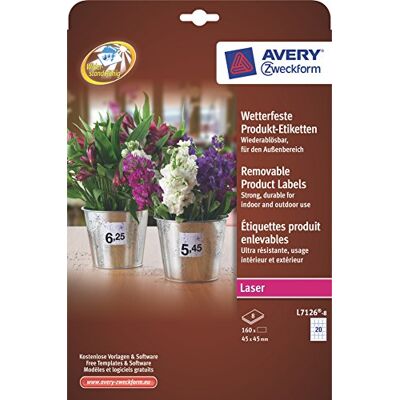 Avery Dennison Zweckform L7124-8 Lot de 160 étiquettes pour produits résistantes aux intempéries 8 feuilles Blanc 45 x 45 mm - Publicité Avery Dennison Zweckform L7124-8 Lot de 160 étiquettes pour produits résistantes aux intempéries 8 feuilles Blanc 45 x 45 mm - Publicité