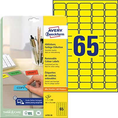 Avery Étiquettes 38,1 x 21,2 mm pour imprimante jet d'encre/laser/amovible/Copier Jaune - Publicité Avery Étiquettes 38,1 x 21,2 mm pour imprimante jet d'encre/laser/amovible/Copier Jaune - Publicité