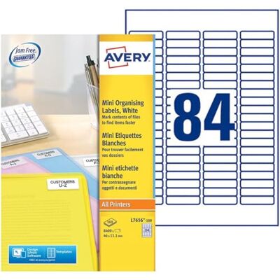 Avery 8400 Mini Étiquettes Organisation Blanches en Papier Personnalisables Format 46 x 11,1 mm Impresion Laser et Jet d'Encre - Publicité Avery 8400 Mini Étiquettes Organisation Blanches en Papier Personnalisables Format 46 x 11,1 mm Impresion Laser et Jet d'Encre - Publicité