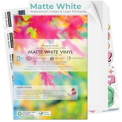 EVG Evergreen Goods 20 Feuilles A4 Blanc Mat Imperméable Autocollant en Vinyle - Publicité EVG Evergreen Goods 20 Feuilles A4 Blanc Mat Imperméable Autocollant en Vinyle - Publicité