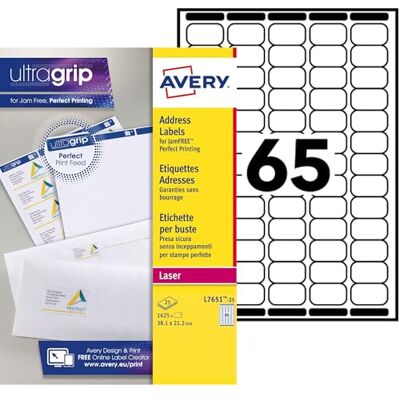 Avery Étiquettes Autocollantes Blanches, 1625 Pièces, L7651-25, 38,1 x 21,2 mm, Papier A4, Feuille A4, Pour Imprimantes Laser, Anti-Bourrage, FSC Certifiées, Pour adressage et expédition - Publicité Avery Étiquettes Autocollantes Blanches, 1625 Pièces, L7651-25, 38,1 x 21,2 mm, Papier A4, Feuille A4, Pour Imprimantes Laser, Anti-Bourrage, FSC Certifiées, Pour adressage et expédition - Publicité