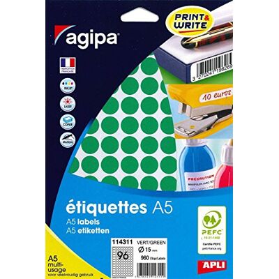 Agipa Etui A5 (10F) de 960 Pastilles Gommettes Rondes 15 mm Vert - Publicité Agipa Etui A5 (10F) de 960 Pastilles Gommettes Rondes 15 mm Vert - Publicité