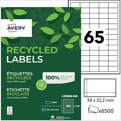 Avery 6500 Étiquettes Autocollantes Blanches Personnalisables 100% Recyclées Format 38 x 21,2 mm Impression Laser et Jet d'Encre - Publicité Avery 6500 Étiquettes Autocollantes Blanches Personnalisables 100% Recyclées Format 38 x 21,2 mm Impression Laser et Jet d'Encre - Publicité