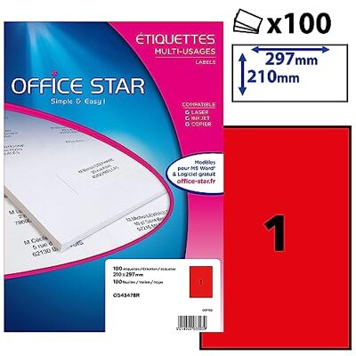 Avery OFFICE STAR Boite de 100 étiquettes rouges autocollantes multi-usages, Personnalisables et imprimables, Format 210 x 297 mm, Impression laser / jet d'encre, (OS43478R) - Publicité Avery OFFICE STAR Boite de 100 étiquettes rouges autocollantes multi-usages, Personnalisables et imprimables, Format 210 x 297 mm, Impression laser / jet d'encre, (OS43478R) - Publicité