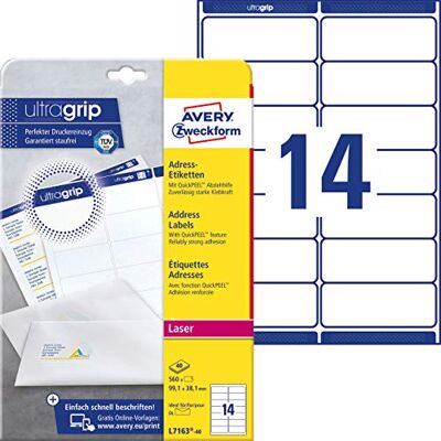 Avery l7163-40 Paquet de 40 feuilles d'étiquettes à adresses pour enveloppes 99,1 x 33,9 mm (Import Allemagne) - Publicité Avery l7163-40 Paquet de 40 feuilles d'étiquettes à adresses pour enveloppes 99,1 x 33,9 mm (Import Allemagne) - Publicité