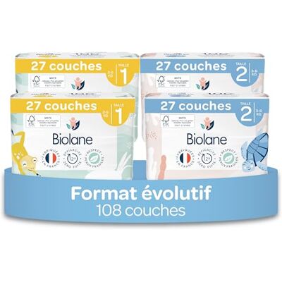Biolane Couches Bébé Taille 1 & 2 – Duo Naissance Peaux Sensibles Pack évolutif T1 x54 + T2 x54, Ultra-Absorbant, Jusqu'à 12h au Sec, Pas de Fuite, Fabriquées en France - Publicité Biolane Couches Bébé Taille 1 & 2 – Duo Naissance Peaux Sensibles Pack évolutif T1 x54 + T2 x54, Ultra-Absorbant, Jusqu'à 12h au Sec, Pas de Fuite, Fabriquées en France - Publicité
