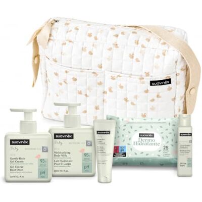 Suavinex , Sac Langer Poussette avec Cosmétiques, Idéal Cadeau Bébé, Beige Coffret naissance avec : Gel Lavant Doux 300 ml + Lait Hydratant 300 ml + Shampooing 100 ml + Crème Change 75 ml + Lingettes - Publicité Suavinex , Sac Langer Poussette avec Cosmétiques, Idéal Cadeau Bébé, Beige Coffret naissance avec : Gel Lavant Doux 300 ml + Lait Hydratant 300 ml + Shampooing 100 ml + Crème Change 75 ml + Lingettes - Publicité