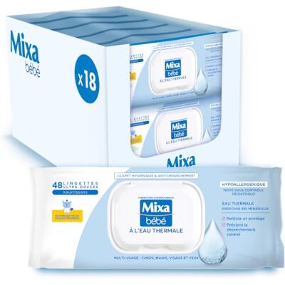 Mixa Lingettes Bébé Eau Thermale Hypoallergéniques Lot de 18 x 48 Origine végétale, Testées contrôle pédiatrique, Recommandées sages-femmes, Clapet anti-dessèchement - Publicité Mixa Lingettes Bébé Eau Thermale Hypoallergéniques Lot de 18 x 48 Origine végétale, Testées contrôle pédiatrique, Recommandées sages-femmes, Clapet anti-dessèchement - Publicité