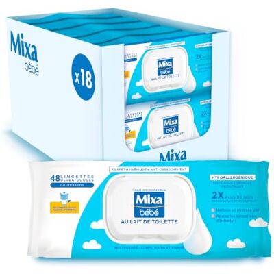 Mixa Lingettes Bébé Lait Toilette Peaux Délicates Lot de 18 x 48 Huile amande douce, Vitamine E, Glycérine 2x soin, Nettoie sans rinçage, Hydrate & protège irritations - Publicité Mixa Lingettes Bébé Lait Toilette Peaux Délicates Lot de 18 x 48 Huile amande douce, Vitamine E, Glycérine 2x soin, Nettoie sans rinçage, Hydrate & protège irritations - Publicité