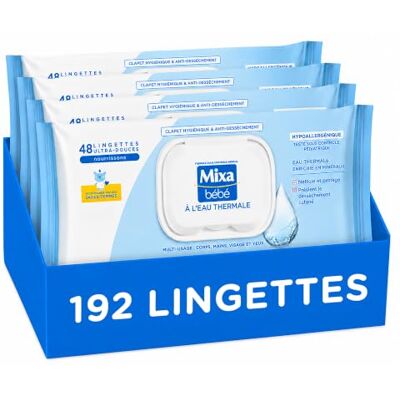 Mixa Lingettes Bébé Eau Thermale Hypoallergéniques Lot de 4 x 48 Origine végétale, Testées contrôle pédiatrique, Clapet anti-dessèchement, Multi-usages corps visage mains - Publicité Mixa Lingettes Bébé Eau Thermale Hypoallergéniques Lot de 4 x 48 Origine végétale, Testées contrôle pédiatrique, Clapet anti-dessèchement, Multi-usages corps visage mains - Publicité