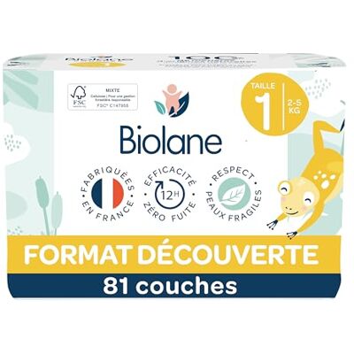 Biolane Couches bébé taille 1 (2-5 kg) Peaux Sensibles Ultra-Absorbant, Pas de Fuite, jusqu'à 12h au Sec Confort & Protection Demi pack 81 couches Fabriqué en France - Publicité Biolane Couches bébé taille 1 (2-5 kg) Peaux Sensibles Ultra-Absorbant, Pas de Fuite, jusqu'à 12h au Sec Confort & Protection Demi pack 81 couches Fabriqué en France - Publicité