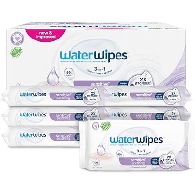WaterWipes Peau Sensible+ Lingettes Apaisantes, 6 Paquets 360 lingettes 3-en-1 à l'extrait botanique qui nettoient, protègent et apaisent ; hypoallergéniques, sans parfum ni alcool - Publicité WaterWipes Peau Sensible+ Lingettes Apaisantes, 6 Paquets 360 lingettes 3-en-1 à l'extrait botanique qui nettoient, protègent et apaisent ; hypoallergéniques, sans parfum ni alcool - Publicité