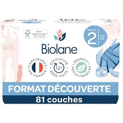 Biolane Couches bébé taille 2 (3-6kg) Peaux Sensibles Ultra-Absorbant, Pas de Fuite, jusqu'à 12h au Sec Confort & Protection Demi pack 81 couches Fabriqué en France - Publicité Biolane Couches bébé taille 2 (3-6kg) Peaux Sensibles Ultra-Absorbant, Pas de Fuite, jusqu'à 12h au Sec Confort & Protection Demi pack 81 couches Fabriqué en France - Publicité