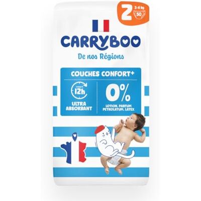 CARRYBOO 50 Couches Saines et Ultra Absorbantes Taille 2 (3-6kg) 12h Anti Fuites Sans substances indésirables Origine France Garantie Format Naissance - Publicité CARRYBOO 50 Couches Saines et Ultra Absorbantes Taille 2 (3-6kg) 12h Anti Fuites Sans substances indésirables Origine France Garantie Format Naissance - Publicité