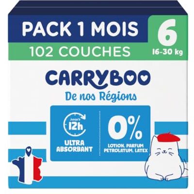 CARRYBOO 102 Couches Saines & Ultra Absorbantes Taille 6 (16-30kg) 12h Anti Fuites Sans substances indésirables Prix Accessible Origine France Garantie Pack 1 Mois - Publicité CARRYBOO 102 Couches Saines & Ultra Absorbantes Taille 6 (16-30kg) 12h Anti Fuites Sans substances indésirables Prix Accessible Origine France Garantie Pack 1 Mois - Publicité