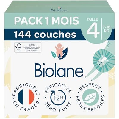 Biolane Couches bébé taille 4 (7-18 kg) Peaux Sensibles Ultra-Absorbant, Pas de Fuite, jusqu'à 12h au Sec Confort & Protection Pack 1 mois 144 couches Fabriqué en France - Publicité Biolane Couches bébé taille 4 (7-18 kg) Peaux Sensibles Ultra-Absorbant, Pas de Fuite, jusqu'à 12h au Sec Confort & Protection Pack 1 mois 144 couches Fabriqué en France - Publicité