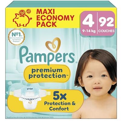 Pampers Premium Protection Couches Taille 4 x92 9kg-14kg. Notre N°1 Pour La Protection De La Peau Et Contre Les Fuites. Publicité Pampers Premium Protection Couches Taille 4 x92 9kg-14kg. Notre N°1 Pour La Protection De La Peau Et Contre Les Fuites. Publicité