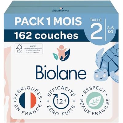 Biolane Couches bébé taille 2 (3-6 kg) Peaux Sensibles Ultra-Absorbant, Pas de Fuite, jusqu'à 12h au Sec Confort & Protection Pack 1 mois 162 couches Fabriqué en France - Publicité Biolane Couches bébé taille 2 (3-6 kg) Peaux Sensibles Ultra-Absorbant, Pas de Fuite, jusqu'à 12h au Sec Confort & Protection Pack 1 mois 162 couches Fabriqué en France - Publicité