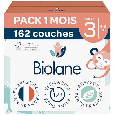 Biolane Couches bébé taille 3 (4-9 kg) Peaux Sensibles Ultra-Absorbant, Pas de Fuite, jusqu'à 12h au Sec Confort & Protection Pack 1 mois 162 couches Fabriqué en France - Publicité Biolane Couches bébé taille 3 (4-9 kg) Peaux Sensibles Ultra-Absorbant, Pas de Fuite, jusqu'à 12h au Sec Confort & Protection Pack 1 mois 162 couches Fabriqué en France - Publicité