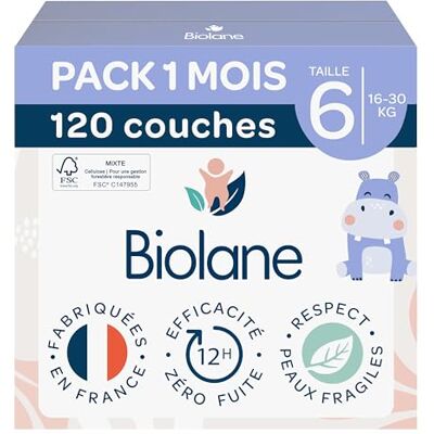 Biolane Couches bébé Taille 6 (16kg et +) Peaux Sensibles Ultra Absorbant, Pas de fuite, jusqu'à 12h au sec- Confort et Protection- Pack 1 mois 120 couches Fabriqué en France - Publicité Biolane Couches bébé Taille 6 (16kg et +) Peaux Sensibles Ultra Absorbant, Pas de fuite, jusqu'à 12h au sec- Confort et Protection- Pack 1 mois 120 couches Fabriqué en France - Publicité