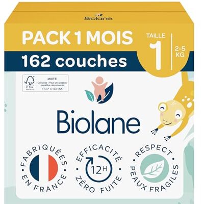 Biolane Couches bébé taille 1 (2-5 kg) Peaux Sensibles Ultra-Absorbant, Pas de Fuite, jusqu'à 12h au Sec Confort & Protection Pack 1 mois 162 couches Fabriqué en France - Publicité Biolane Couches bébé taille 1 (2-5 kg) Peaux Sensibles Ultra-Absorbant, Pas de Fuite, jusqu'à 12h au Sec Confort & Protection Pack 1 mois 162 couches Fabriqué en France - Publicité