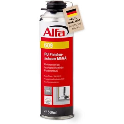 Alfa 1 mousse pour pistolet PU 1K grise dans une boîte pratique de 500 ml de mousse de montage monocomposant durcissant à l'humidité - Publicité Alfa 1 mousse pour pistolet PU 1K grise dans une boîte pratique de 500 ml de mousse de montage monocomposant durcissant à l'humidité - Publicité