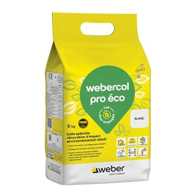 Weber Colle carrelage, blanc, spéciale renovation, 5kg, prête à l'emploi, COL PRO ECO, Impact environnemental réduit - Publicité Weber Colle carrelage, blanc, spéciale renovation, 5kg, prête à l'emploi, COL PRO ECO, Impact environnemental réduit - Publicité