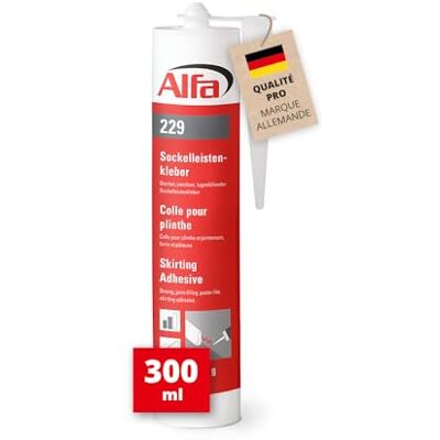 Alfa 229 Colle pour plinthes avec pouvoir fixant de 130 kg/m², 1 tube, remplit les joints, colle pâteuse et particulièrement fixante - Publicité Alfa 229 Colle pour plinthes avec pouvoir fixant de 130 kg/m², 1 tube, remplit les joints, colle pâteuse et particulièrement fixante - Publicité