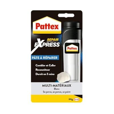 Pattex Repair Express, Pâte à Réparer, Epoxy Multi-Usages, Tube 64 g, Blanc Pâte epoxy, Colle & répare tous matériaux, sèche en 5min, se perce/ponce/peint, résiste eau & températures, Multi-Usages - Publicité Pattex Repair Express, Pâte à Réparer, Epoxy Multi-Usages, Tube 64 g, Blanc Pâte epoxy, Colle & répare tous matériaux, sèche en 5min, se perce/ponce/peint, résiste eau & températures, Multi-Usages - Publicité