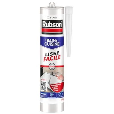 Rubson – Mastic Bain & Cuisine Lisse Facile Blanc (cartouche de 280 ml) – Joint silicone renforcé en antifongique – Joint sanitaire facile à utiliser et à lisser - Publicité Rubson – Mastic Bain & Cuisine Lisse Facile Blanc (cartouche de 280 ml) – Joint silicone renforcé en antifongique – Joint sanitaire facile à utiliser et à lisser - Publicité
