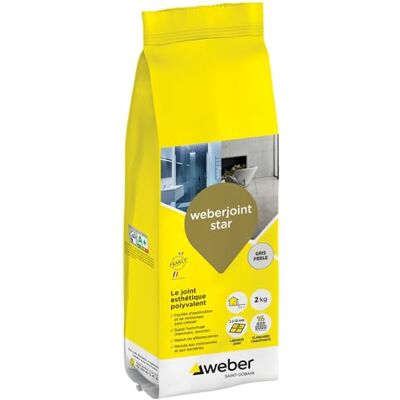 Weber Mortier joint carrelage décoratif hydrofugé, spécial intérieur et extérieur, largeur 2 à 10mm, 2kg, gris perlé, JOINT STAR - Publicité Weber Mortier joint carrelage décoratif hydrofugé, spécial intérieur et extérieur, largeur 2 à 10mm, 2kg, gris perlé, JOINT STAR - Publicité