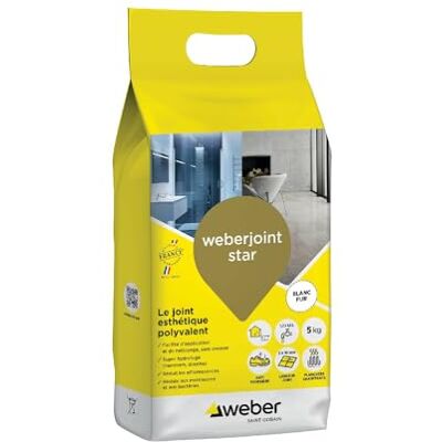 Weber Mortier joint carrelage décoratif hydrofugé, spécial intérieur et extérieur, largeur 2 à 10mm, 5kg, blanc pur, JOINT STAR - Publicité Weber Mortier joint carrelage décoratif hydrofugé, spécial intérieur et extérieur, largeur 2 à 10mm, 5kg, blanc pur, JOINT STAR - Publicité