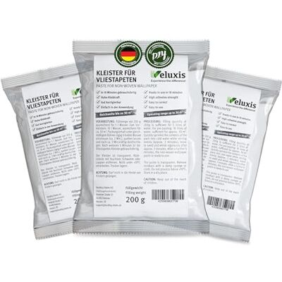 Veluxis ® Colle pour papier peint intissé – prête à l'emploi en 10 minutes, ADHÉRENCE FORTE, 1 sachet pour 30 m², sans taches et repositionnable (lot de 3) - Publicité Veluxis ® Colle pour papier peint intissé – prête à l'emploi en 10 minutes, ADHÉRENCE FORTE, 1 sachet pour 30 m², sans taches et repositionnable (lot de 3) - Publicité