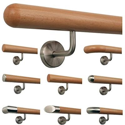 TIBU Main courante de rampe d'escalier en hêtre avec poignée en bois, supports en acier inoxydable courbés, longueur 30-500 cm d'une seule pièce/Variante : 100 cm avec 2 supports demi-sphère fraisés - Publicité TIBU Main courante de rampe d'escalier en hêtre avec poignée en bois, supports en acier inoxydable courbés, longueur 30-500 cm d'une seule pièce/Variante : 100 cm avec 2 supports demi-sphère fraisés - Publicité