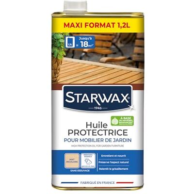 STARWAX Huile protectrice pour mobilier de jardin 1,2L, incolore, nourrit et protège les bois de jardin grisés, anti-tache anti-graisse, barrière anti-UV, préserve l'aspect mat, 15m²/L - Publicité STARWAX Huile protectrice pour mobilier de jardin 1,2L, incolore, nourrit et protège les bois de jardin grisés, anti-tache anti-graisse, barrière anti-UV, préserve l'aspect mat, 15m²/L - Publicité