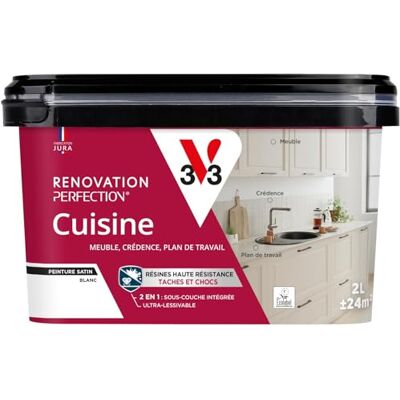 Peinture de rénovation cuisine V33 Satin Blanc - 2L - Publicité Peinture de rénovation cuisine V33 Satin Blanc - 2L - Publicité