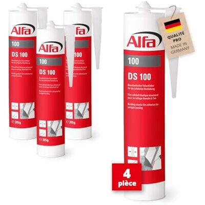Alfa 100 DS Colle d'étanchéité, 4 pièces, 315g, pour pare-vapeur intérieur/extérieur, colle hermétiquement tous les chevauchements de film et écrans - Publicité Alfa 100 DS Colle d'étanchéité, 4 pièces, 315g, pour pare-vapeur intérieur/extérieur, colle hermétiquement tous les chevauchements de film et écrans - Publicité